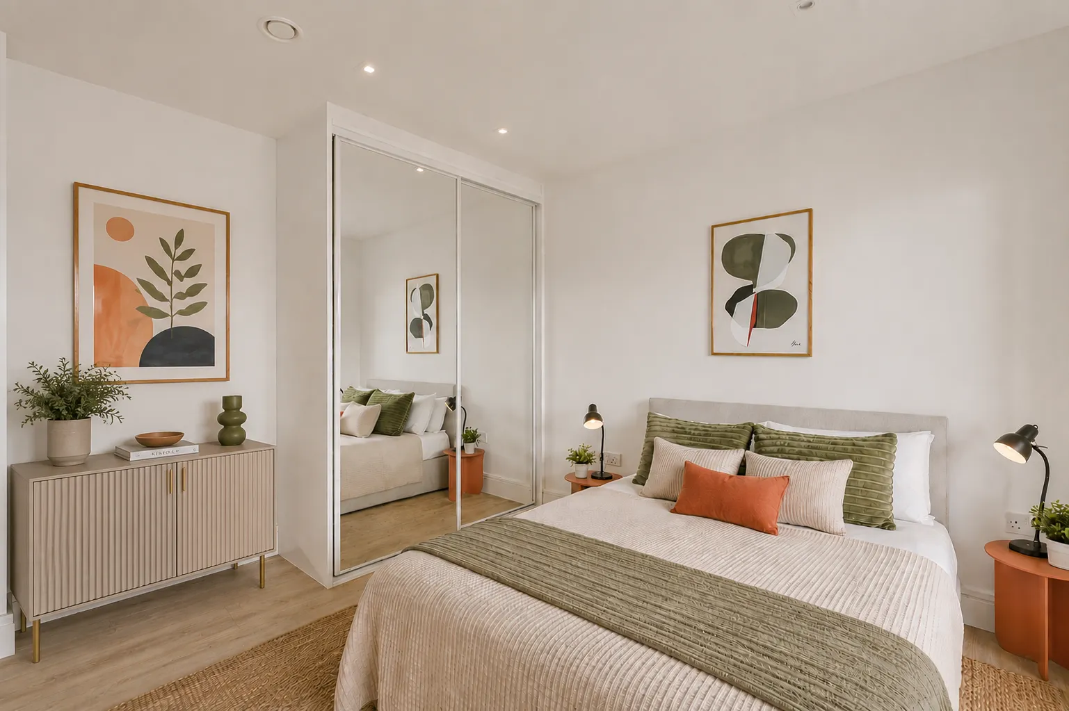 Double bedroom with mirrored wardrobes and framed prints, in a one-bedroom flat at Vonder Wembley