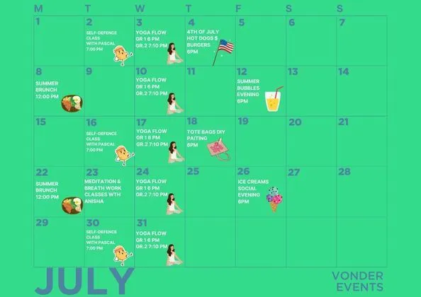 Vonder Co-Living Space July Calendar