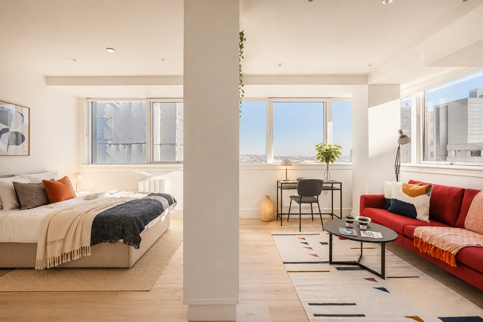 Open-plan living and sleeping area with a red sofa and city views, in a one-bedroom flat at Vonder Wembley