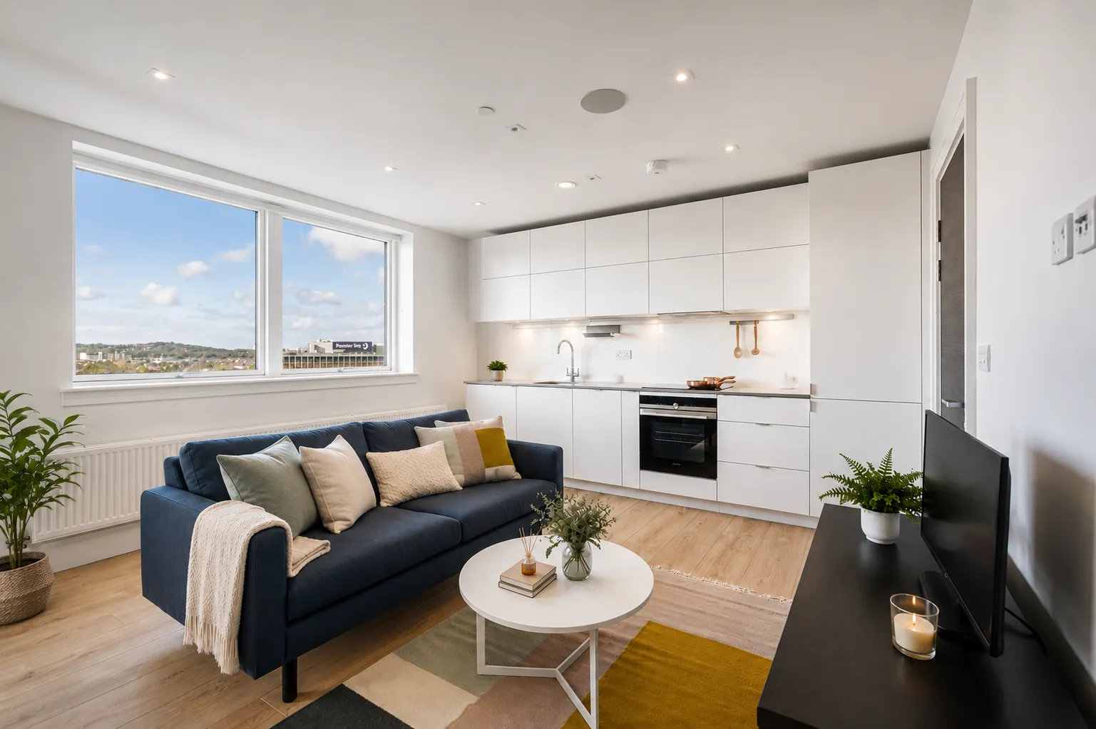 Living area looking towards the kitchen, with a navy sofa and city views, in a one-bedroom flat at Vonder Wembley