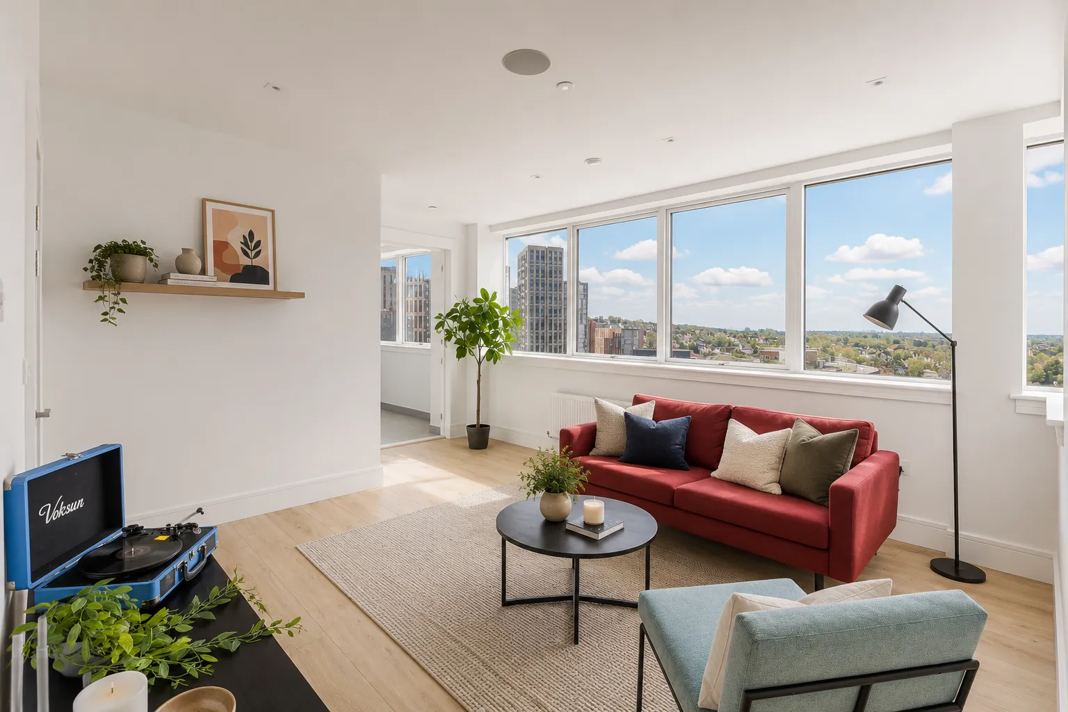 Living area with a red sofa, coffee table and views over the city, in a one-bedroom flat at Vonder Wembley
