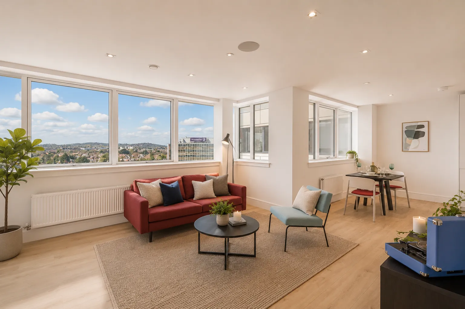 Living area with a red sofa and armchair beside floor-to-ceiling windows, in a one-bedroom flat at Vonder Wembley