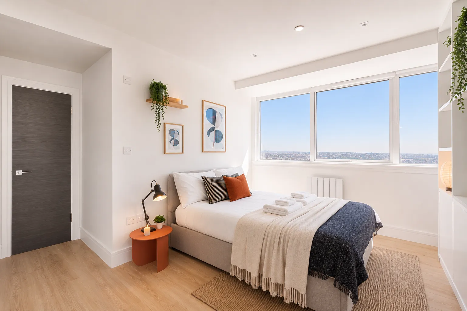 Double bedroom with a window overlooking the city, in a one-bedroom flat at Vonder Wembley