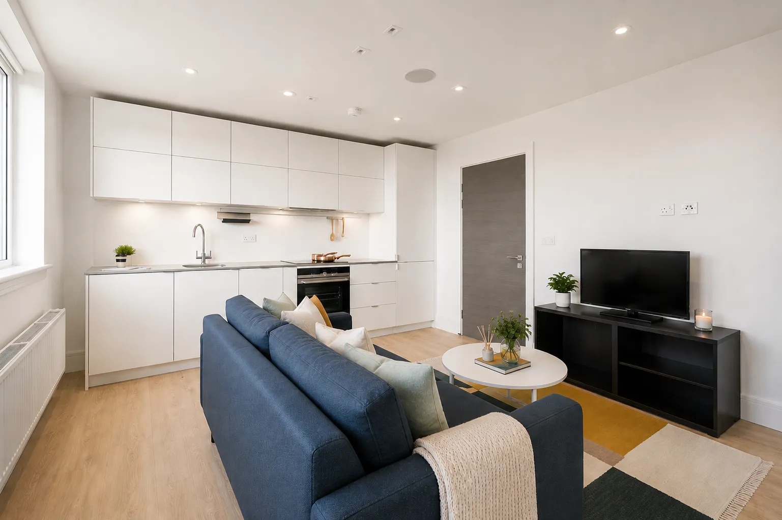 Open-plan living area and kitchen with a navy sofa, in a one-bedroom flat at Vonder Wembley