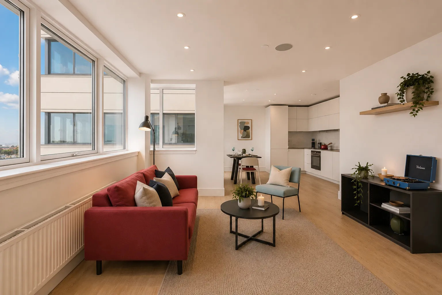 Living area looking towards the kitchen, with corner windows and a red sofa, in a one-bedroom flat at Vonder Wembley