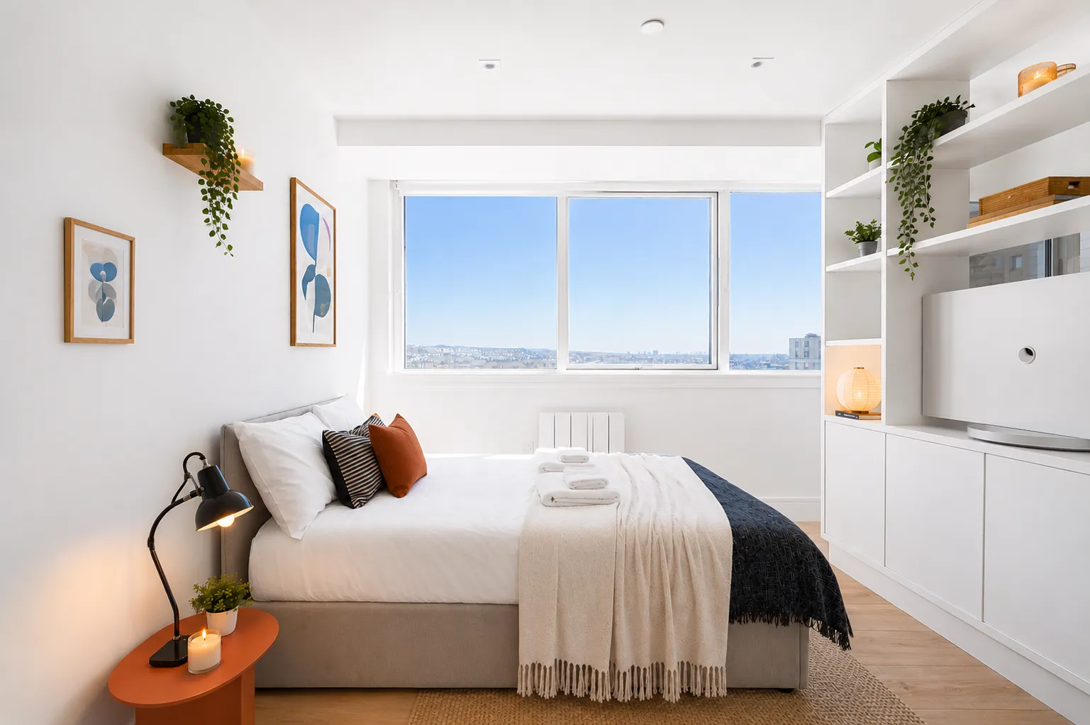 Double bedroom with built-in shelving and a wide window, in a one-bedroom flat at Vonder Wembley