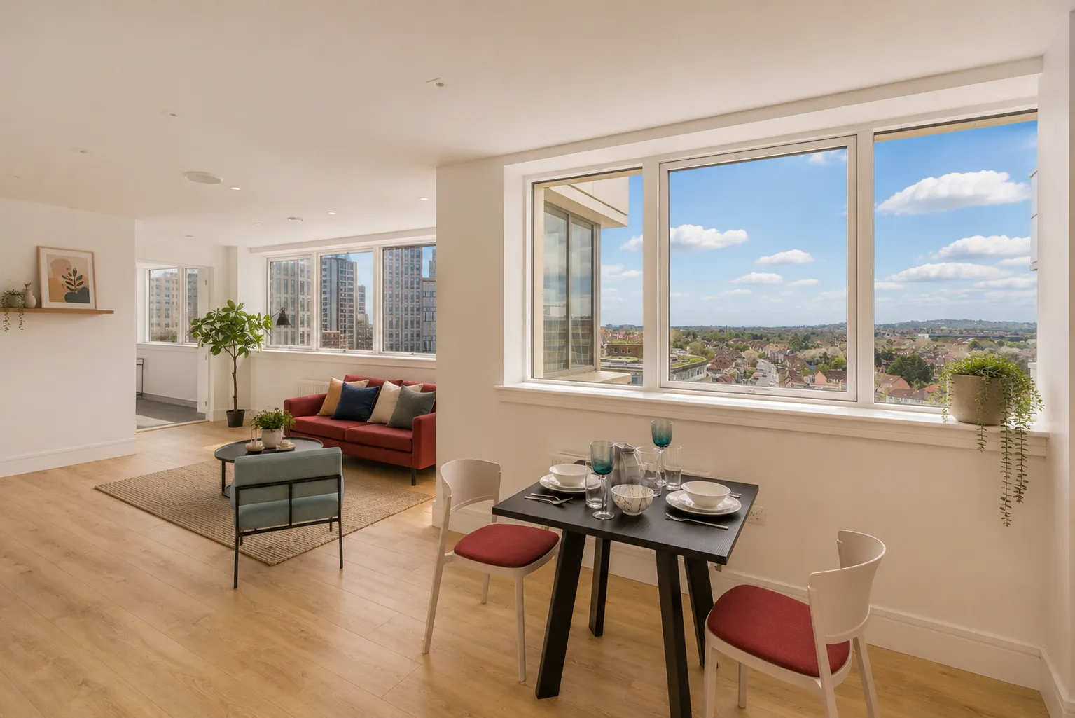 Open-plan living and dining area with skyline views, in a one-bedroom flat at Vonder Wembley