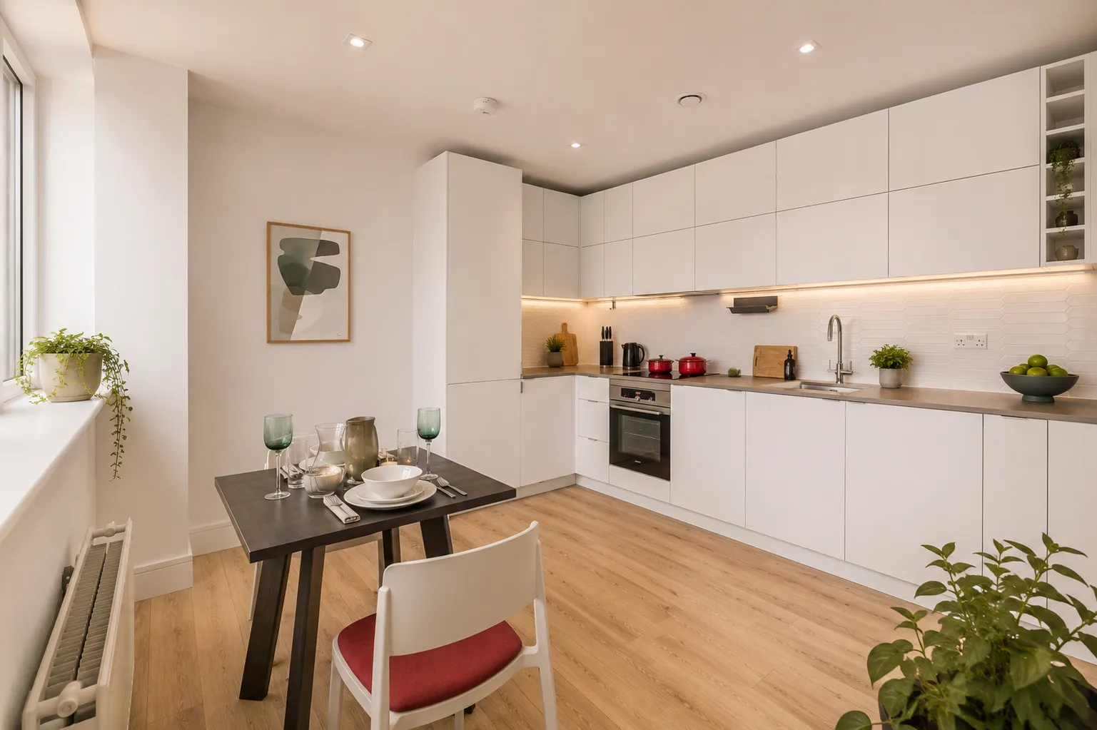 White fitted kitchen with a dining table for two, in a one-bedroom flat at Vonder Wembley