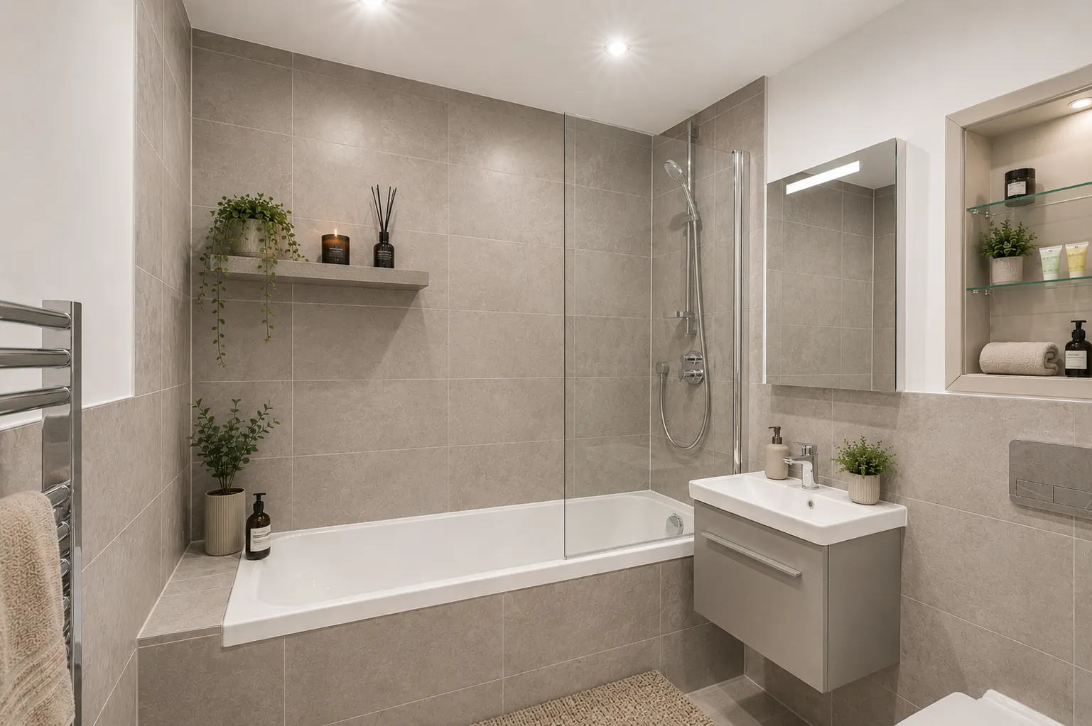 Tiled bathroom with a bath and overhead shower, basin and heated towel rail, in a one-bedroom flat at Vonder Wembley