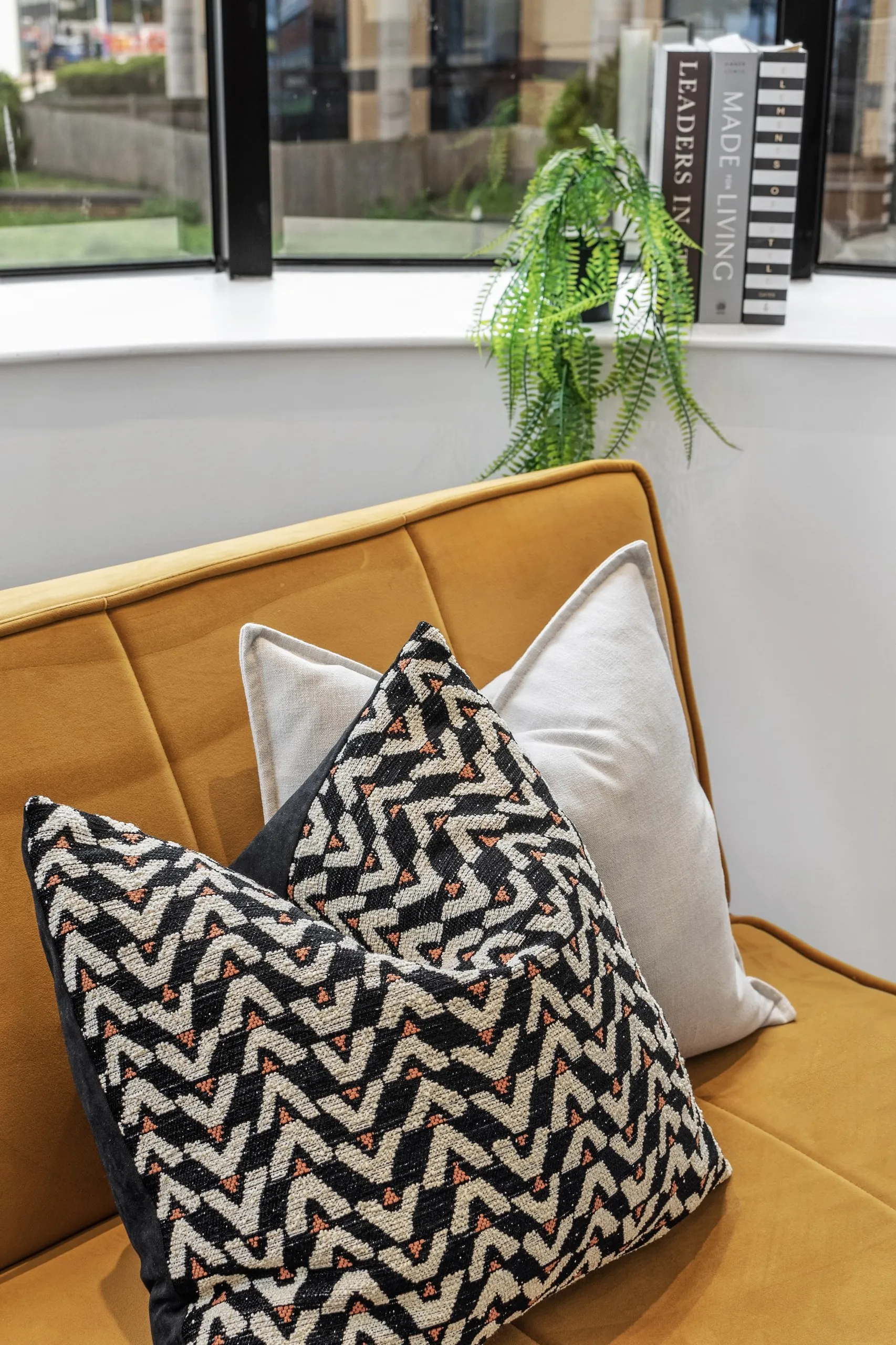 Cushion detail on the living room armchair at Vonder Skies