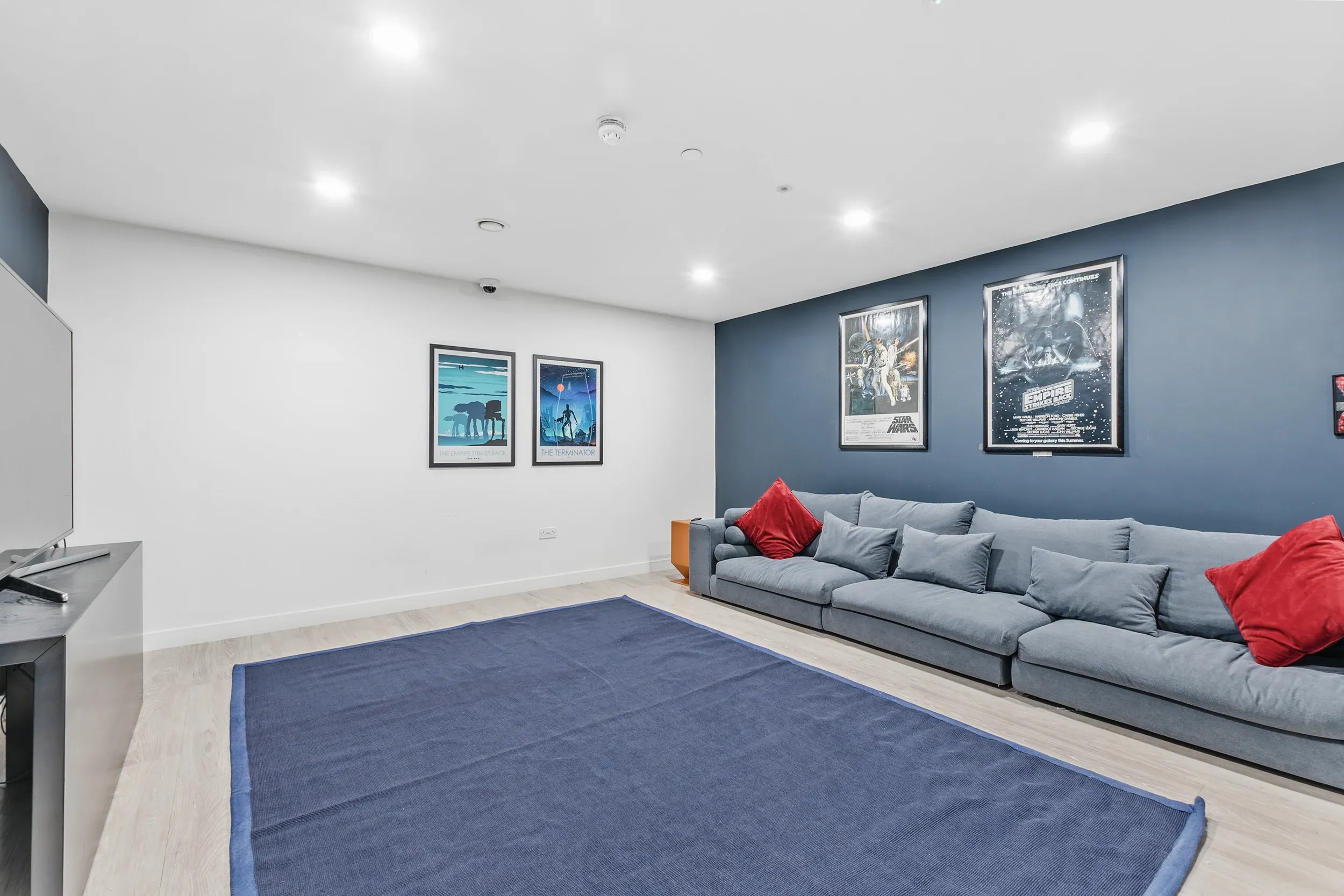 Cinema room at Vonder Crawley, with a long sofa and framed film posters on a navy wall