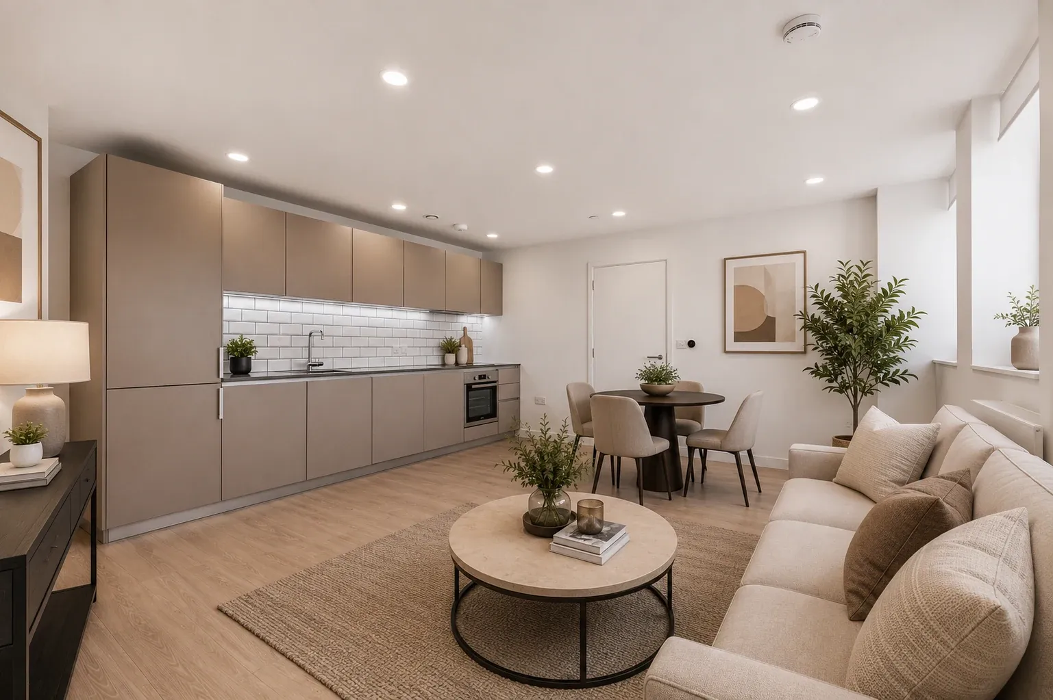 Living area in a two-bedroom flat at Vonder Crawley, with a corner sofa and the kitchen beyond
