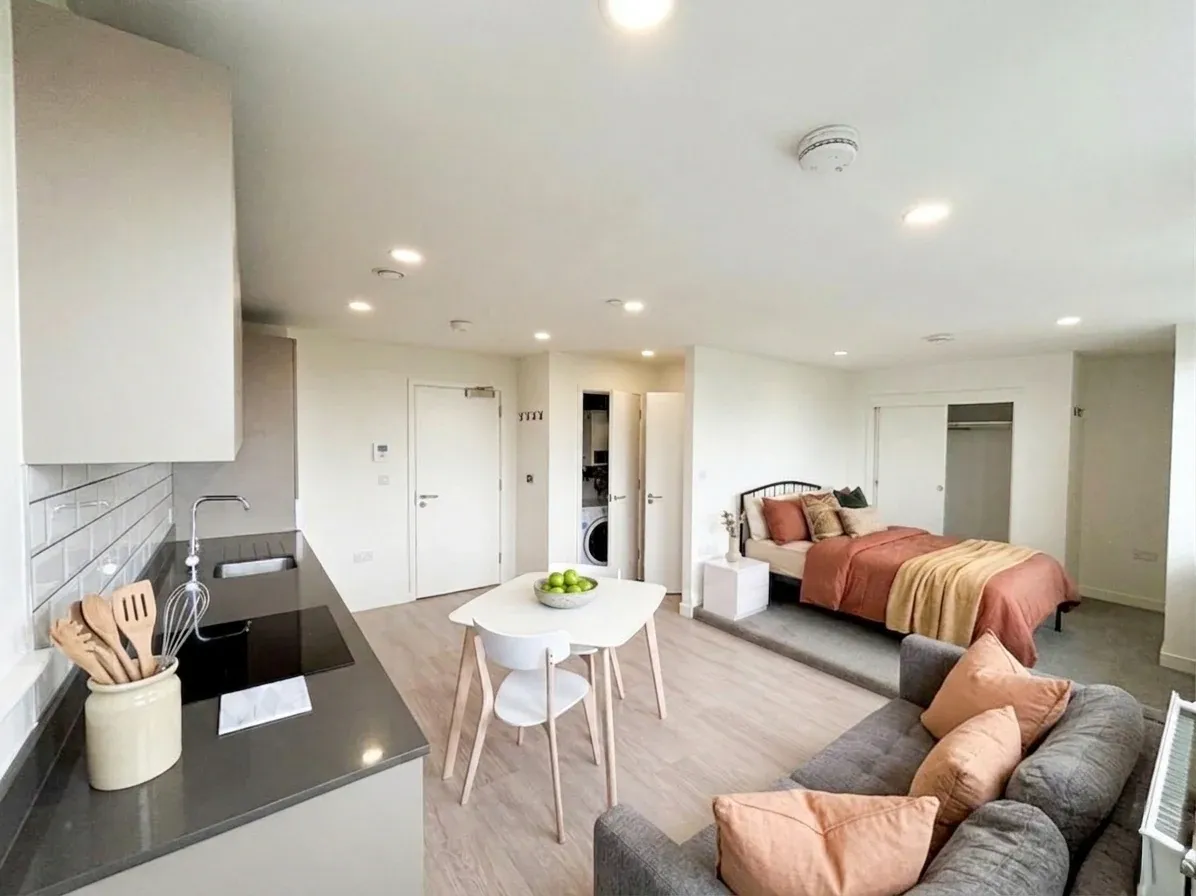 Studio flat at Vonder Crawley, with the kitchen, sleeping area and sofa in one open room