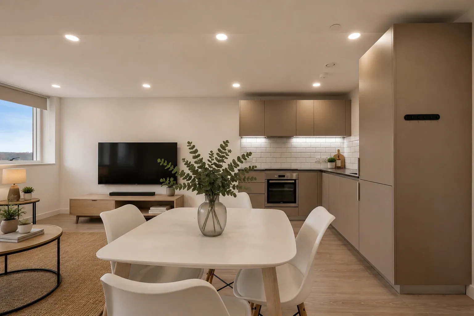 Fitted kitchen in a one-bedroom flat at Vonder Crawley, with integrated oven and dining table