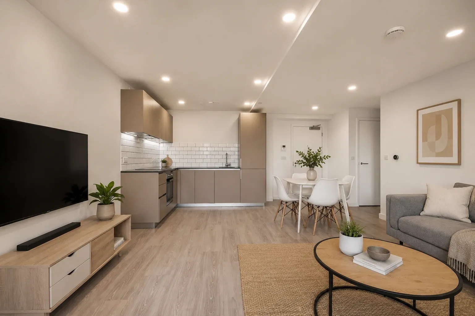 Living area in a one-bedroom flat at Vonder Crawley, looking towards the kitchen