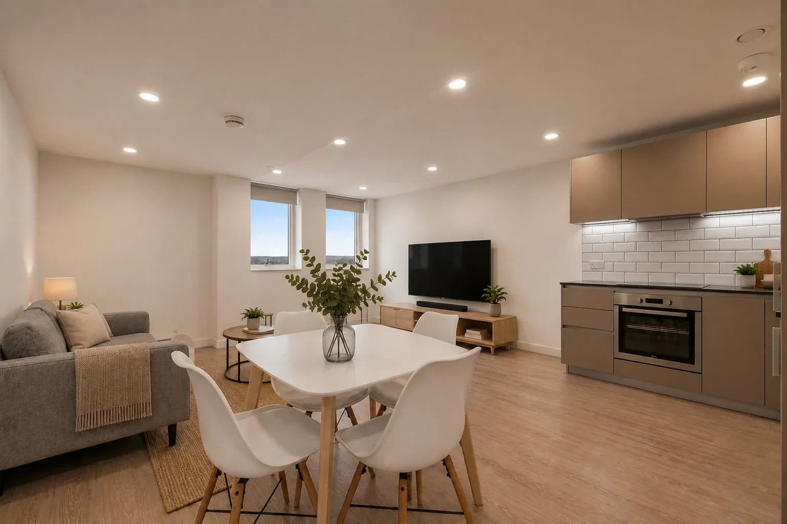 Open-plan living area and kitchen in a one-bedroom flat at Vonder Crawley, with a dining table and sofa