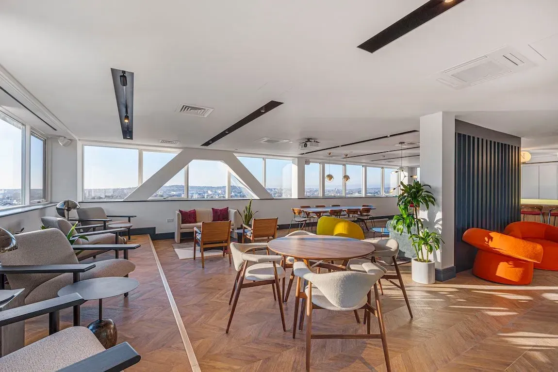 Communal dining and lounge area at Vonder Wembley with views towards Wembley Stadium