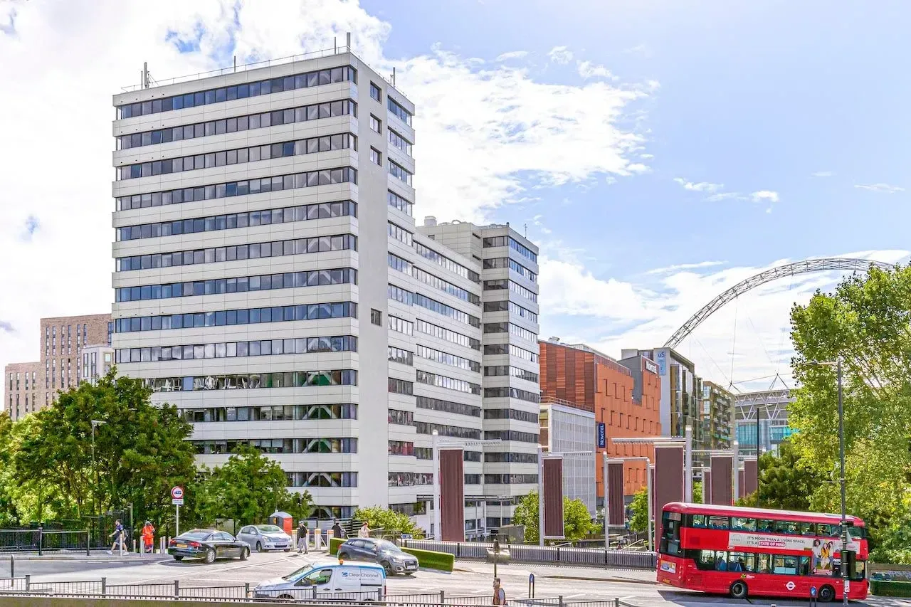 The Vonder Wembley building seen from Olympic Way, with the Wembley Stadium arch behind