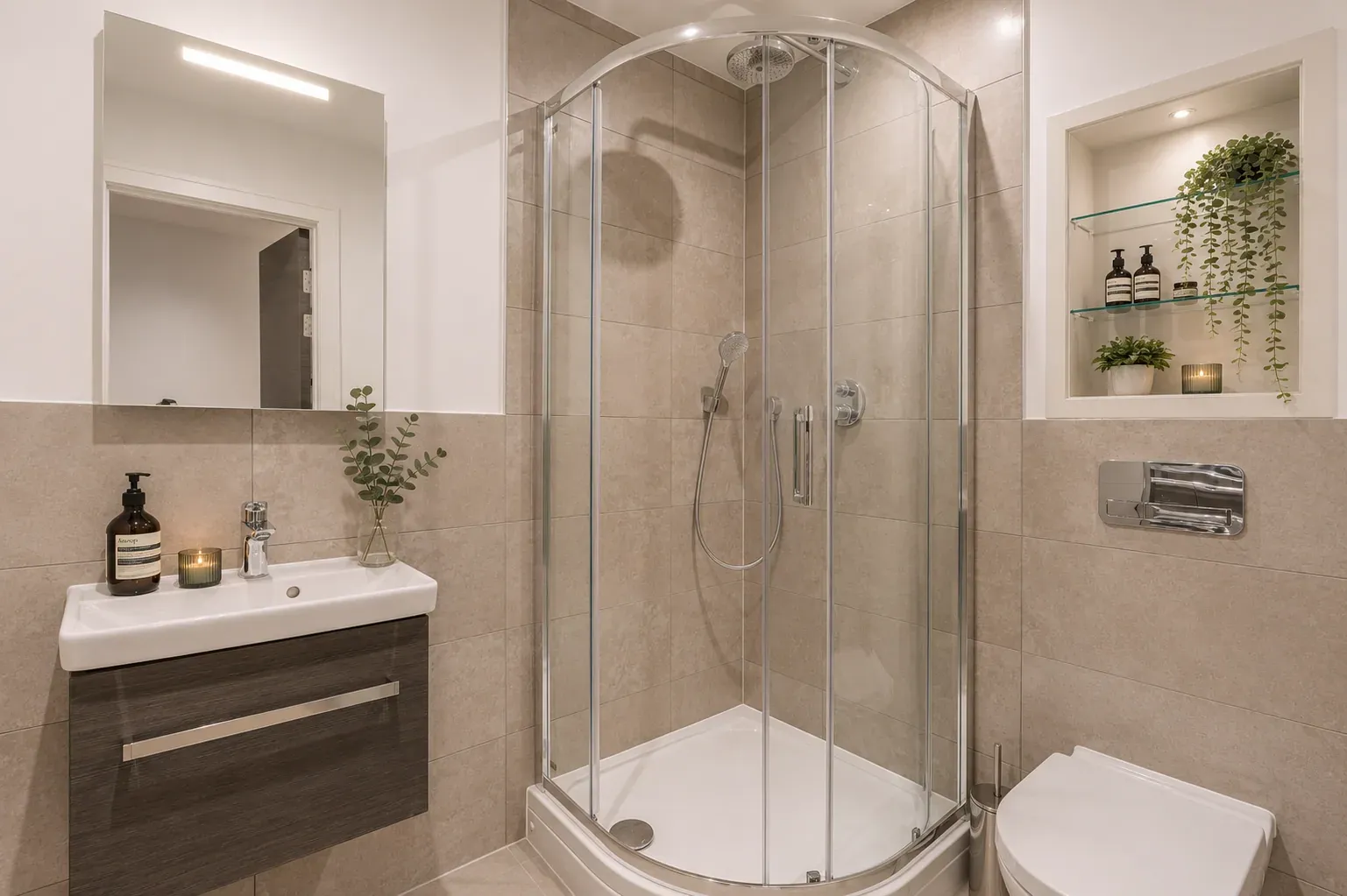 Tiled bathroom with a corner shower, wall-hung basin and mirrored cabinet in a one-bedroom flat at Vonder Wembley