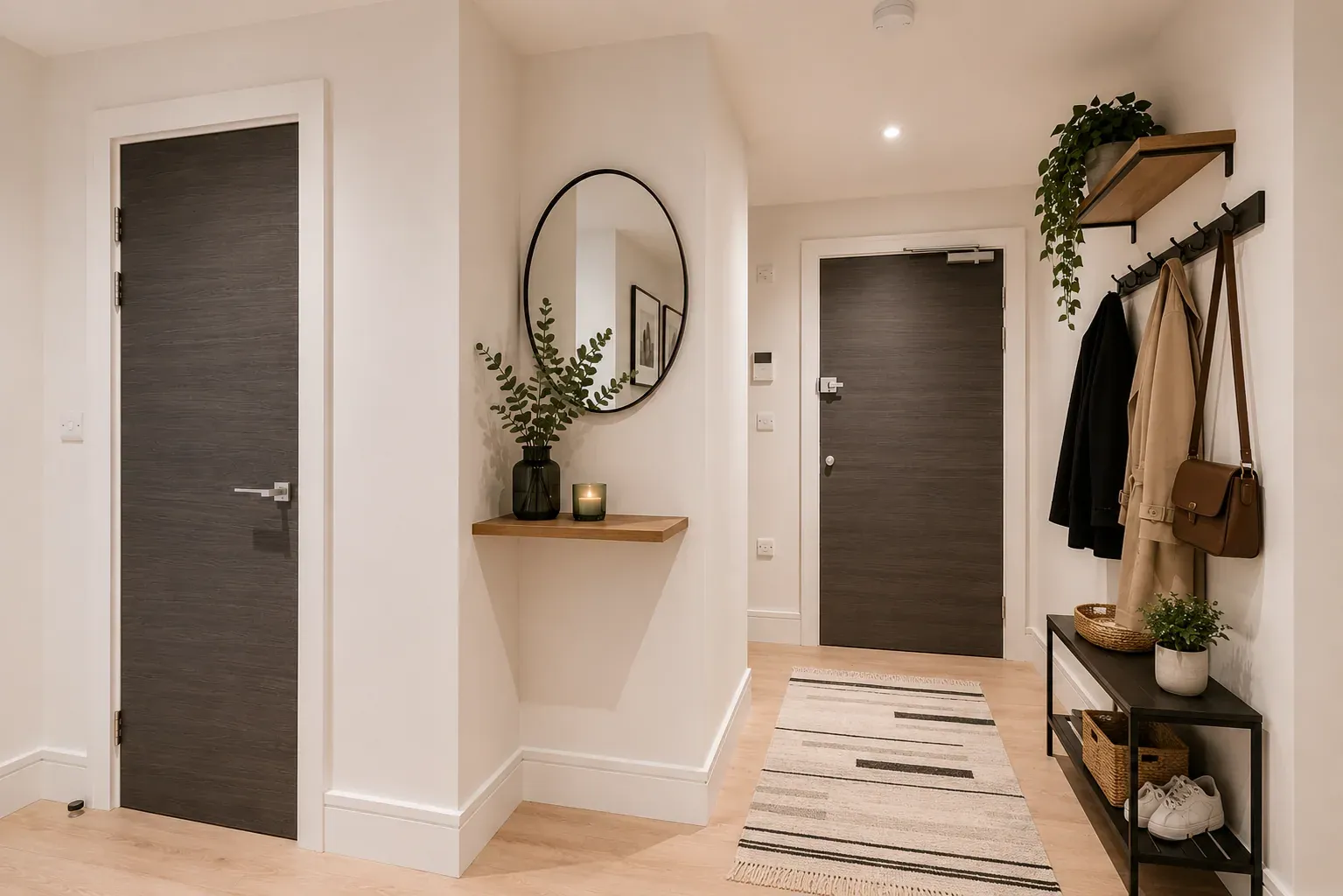 Entrance hallway with a round mirror, floating shelf and coat rack in a one-bedroom flat at Vonder Wembley