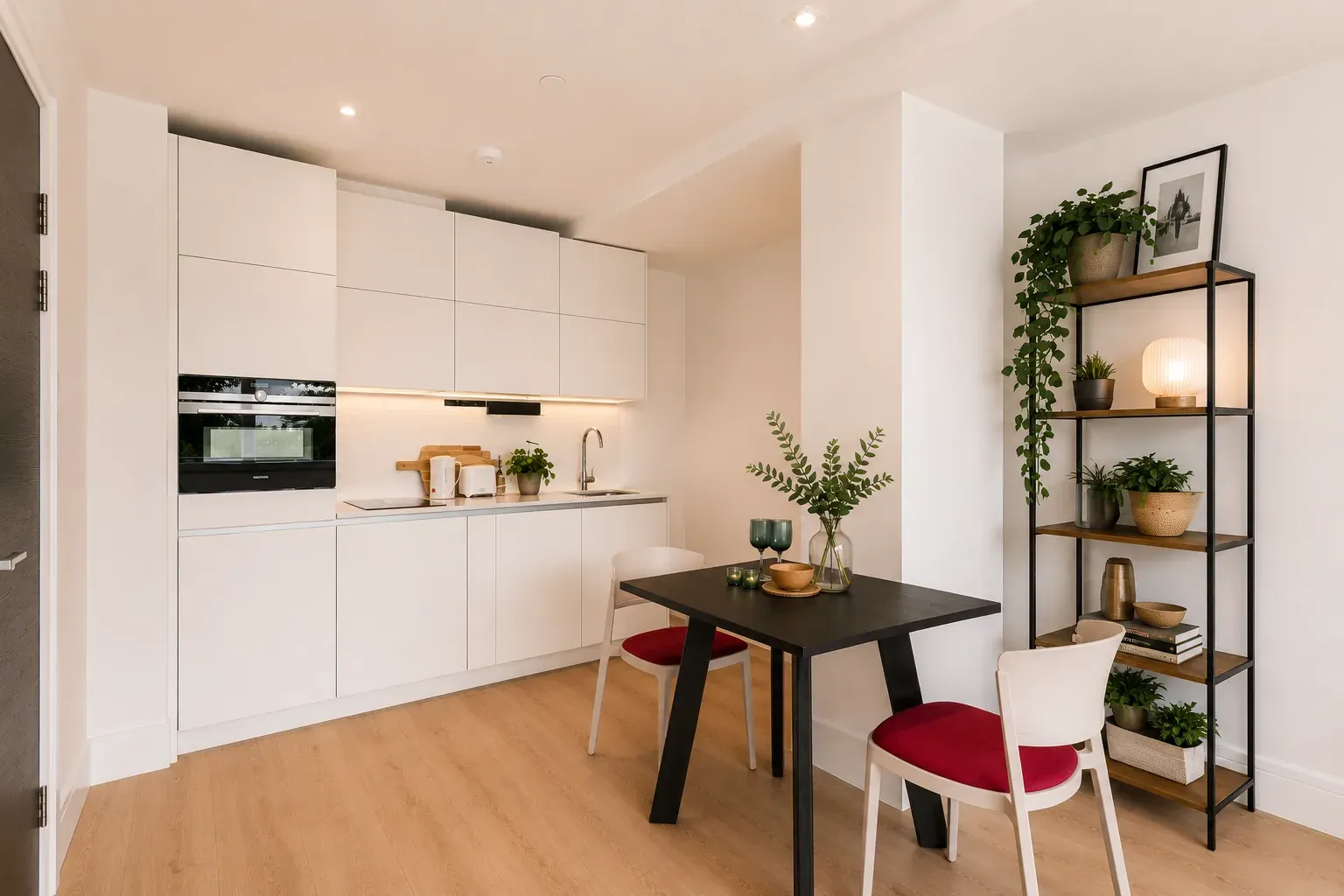 White fitted kitchen with integrated oven and hob beside a two-seat dining table, in a one-bedroom flat at Vonder Wembley