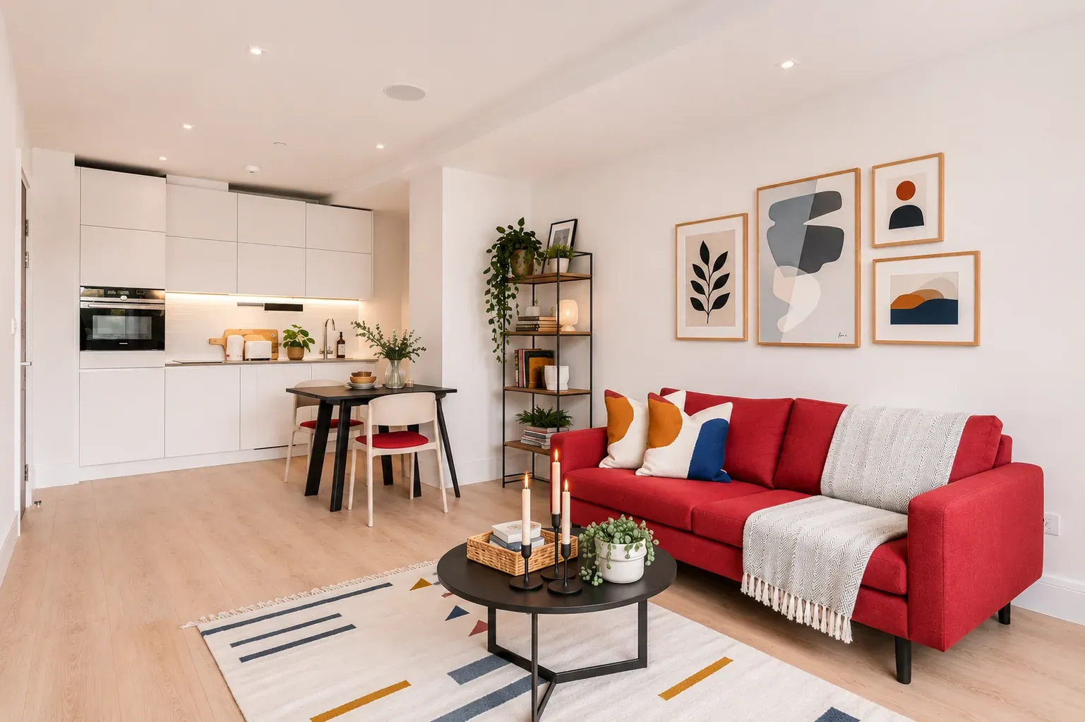 Open-plan living room and kitchen in a one-bedroom flat at Vonder Wembley, with a red sofa, dining table and white fitted kitchen