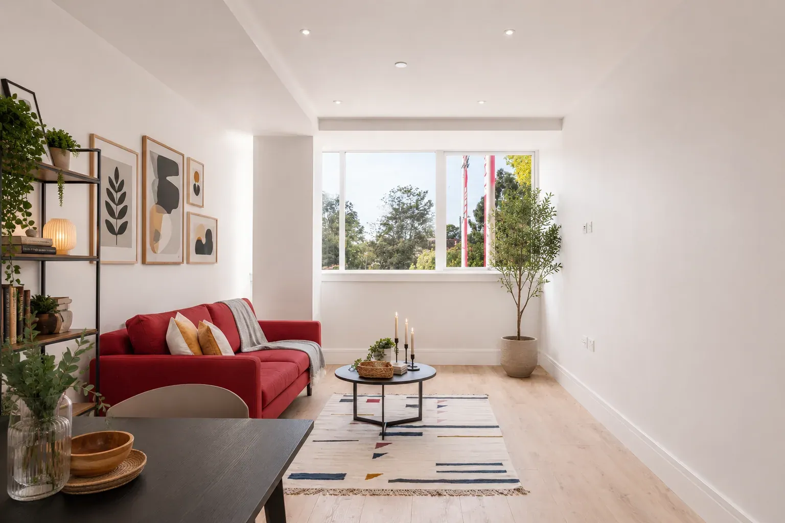 Living area with a red sofa and framed prints beside a large window overlooking trees, in a one-bedroom flat at Vonder Wembley